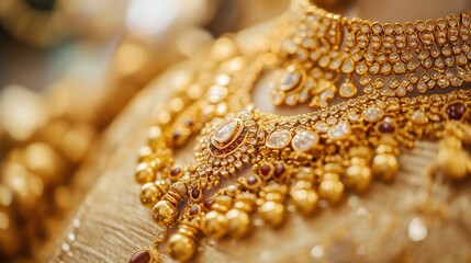 Gold and diamond necklace shining on a dress: luxurious jewelry for special occasions