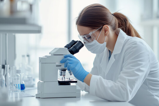 Female scientist with face mask looking on a petri dish under a microscope in modern laboratory