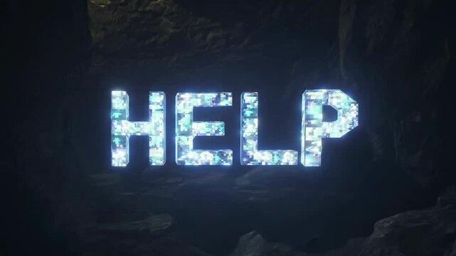 The word HELP is written in a block of letters. The letters are made up of small squares of light