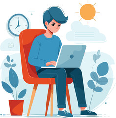 a boy is using his laptop vector