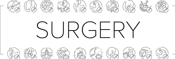 surgery operate room invasive icons set vector. doctor surgical, surgeon medicine, medical hospital, future open septoplasty, lift surgery operate room invasive black contour illustrations