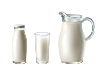 3d realistic vector icon illustration. Fresh farm milk. Bottle, milk jug, glass of milk.