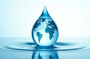 Water drop with world map on water surface, global warming concept.