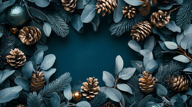 Silver and gold-wrapped pinecone adornments on a lush greenery wreath, embellishments, wrapped. Lush. Illustration