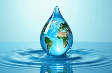 Obraz premium water drop with world map on blue background, global warming concept.
