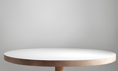 Round wood table top with abstract shadow drop on white wall background for mockup product display