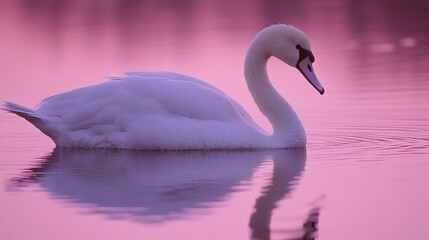 Fototapeta premium A serene swan glides across a tranquil lake at sunset, reflecting a soft pink hue.