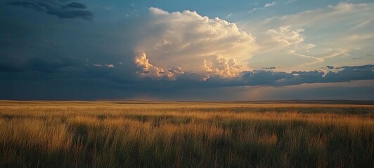 Golden Prairie Sunset: Dramatic Clouds over Serene Grasslands