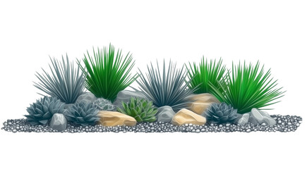 landscape bed with yucca and rocks - landscaping design element, isolated on white - low water use landscaper design clipart - angle, concrete curb, river rock. Xeriscaping