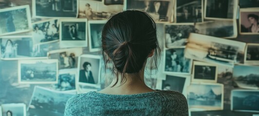 Woman Contemplating Memories: A Wall of Photographs