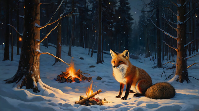 Red fox sits by a campfire in a snowy forest at night.