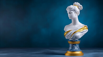 A beautifully crafted marble bust of a woman adorned with gold accents against a soft blue background.