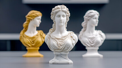 Obraz premium Three elegant busts in varying colors—gold, white, and cream—display classic artistry against a modern backdrop.