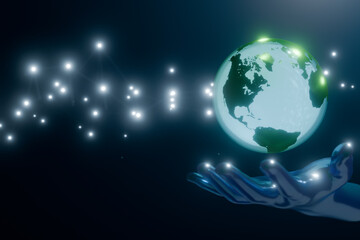 A glowing hand holds a sparkling Earth, symbolizing global unity and environmental awareness. 3d rendering