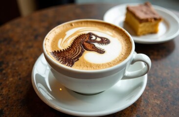 The dinosaur is depicted using cinnamon powder on a cappuccino foam, latte on a cafe table, next to a dessert