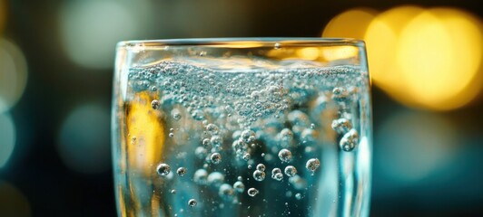 Close-up of Sparkling Water in a Glass, Bubbles Rising, Festive Background