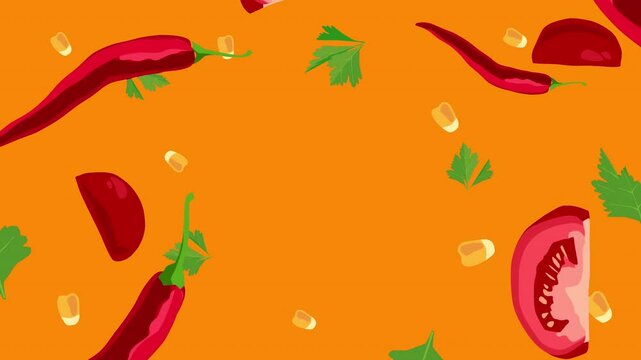Animation of food elements slowly flying rotating towards the camera in 3D space. Sliced vegetables. Peppers, tomatoes, corn, parsley on a transparent alpha channel.