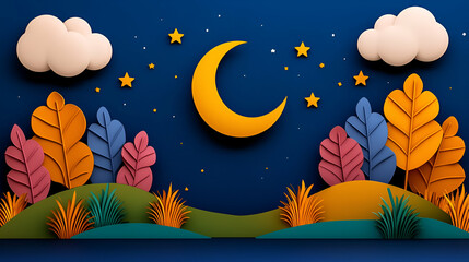 A vibrant, whimsical night scene featuring a crescent moon, colorful leaves, fluffy clouds, and twinkling stars against a deep blue background.