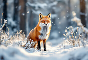 Obraz premium A red fox standing in the snow, with a snowy forest background