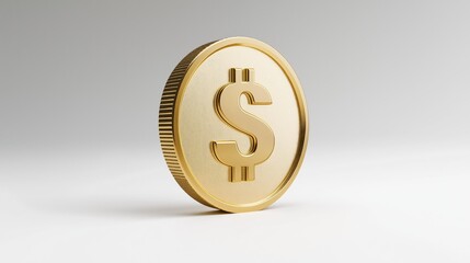 Gold dollar coin on a white surface. Gold coin with the dollar sign.