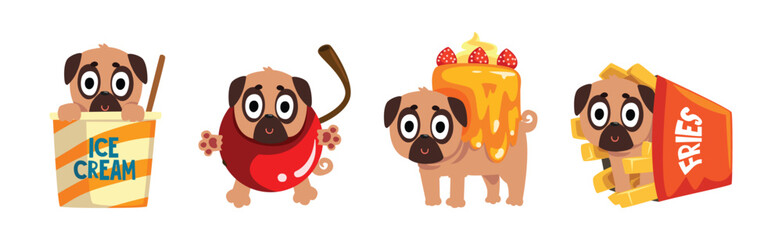 Pug Dog Puppy Character in Fancy Food Outfit Vector Set