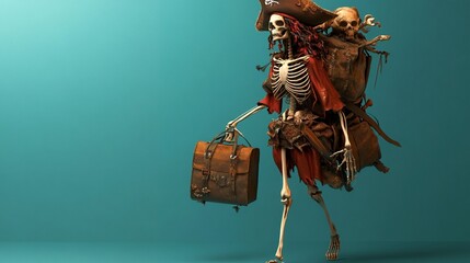 3d render Skeleton pirate crew, cursed by ancient magic in soft teal background


