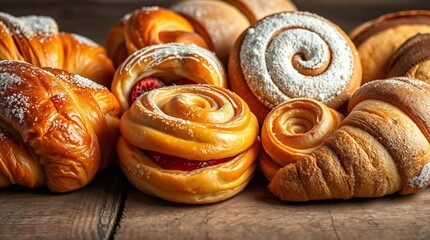 Sweet and Savory Delights: A tempting arrangement of freshly baked pastries, including croissants, sweet rolls, and filled pastries, capturing the essence of morning indulgence.  