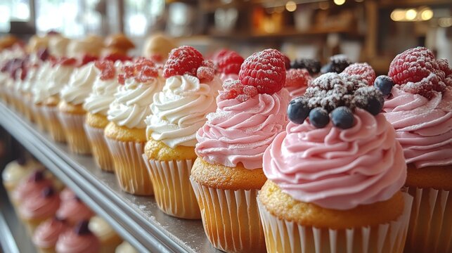 A variety of freshly baked cupcakes are neatly arranged in a display case. Each cupcake features rich, creamy frosting topped with colorful berries and sprinkles.