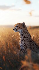 Fototapeta premium Cinematic Cheetah Sitting in Grassland with Distant Gaze