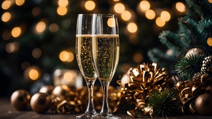 champagne and christmas decorations