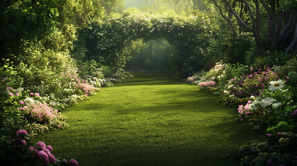 Obraz premium Lawns with green lawns surrounded by lush image. Lush. Illustration