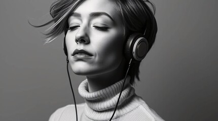 Lost in the Music: A woman with short hair and closed eyes is lost in the music as she listens through headphones, a moment of pure bliss and escape.
