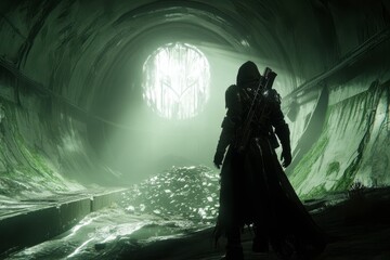 Fototapeta premium Shadowy Specter Floating Above a Treasure Pile in an Eerie Glow, Illuminating Ancient Runes on Cave Walls, with Swirling Light Reflections