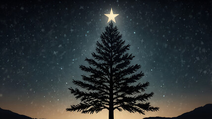 Fototapeta premium Silhouette of a Christmas tree with a star on top against a night sky.