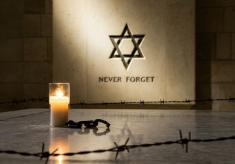 Lit candle and broken chain symbolize remembrance and liberation in front of a star of david, urging us to never forget the holocaust