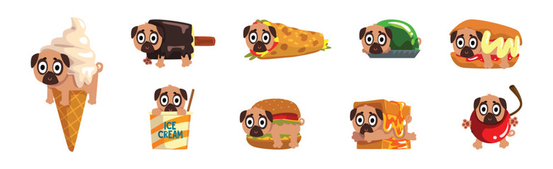 Pug Dog Puppy Character in Fancy Food Outfit Vector Set