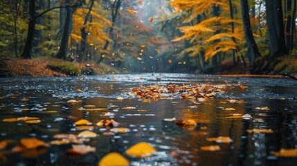 A tranquil river flowing through a dense, colorful autumn forest with leaves floating on the water