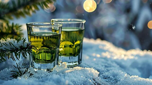 Two shot glasses of absinthe cocktail or mint liqueur on a snow with fir branches and pine cones. Winter theme for advertising alcoholic drinks.