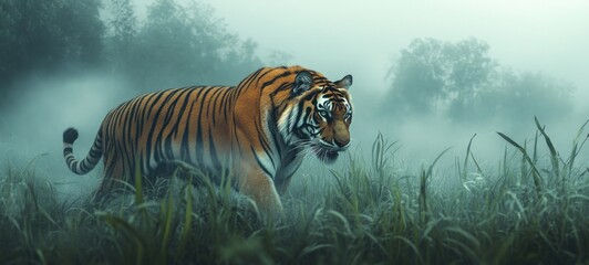 Majestic Tiger in Misty Forest: A Breathtaking Wildlife Encounter