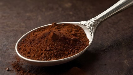 Rich cocoa powder on silver spoon, showcasing its fine texture and earthy color,