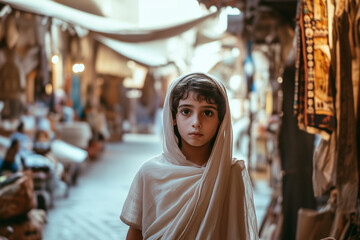 A serious little boy in a Greek or Roman style tunic. 
