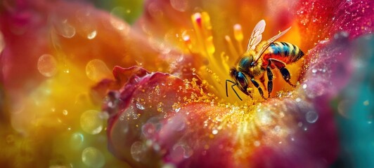Vibrant Bee on a Dew-Kissed Blossom