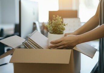 Employee putting plant and notebooks into box, preparing for relocation or leaving job