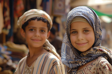 Smiling children with head coverings in a Middle Eastern market. 