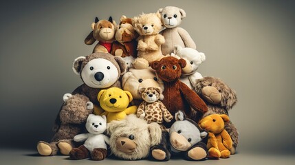 A photo of a stack of plush toys and stuffed animals.