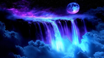 Fototapeta premium A surreal waterfall cascading into cloud under a vibrant cosmic sky.