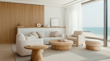 Wooden coffee table and armchairs next to white sofa with cushions. Wall with art frame. Design of modern living room. Sea view