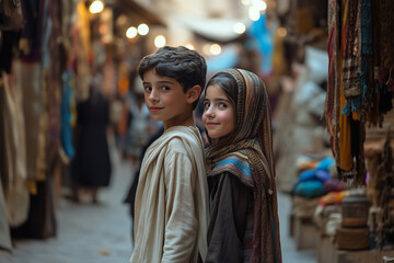 A smiling boy and girl in a middle eastern market. 