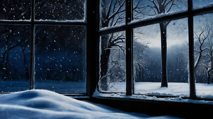 Snow-covered windowsill view of a winter landscape at night.