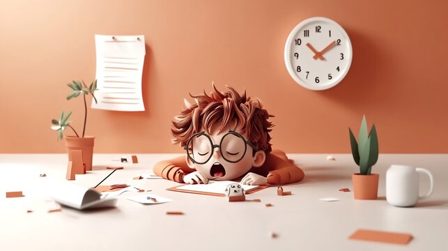 3d render, paper craft cute colors+playful 3d stule+ A nerd student boy lying on the desk feeling boring


